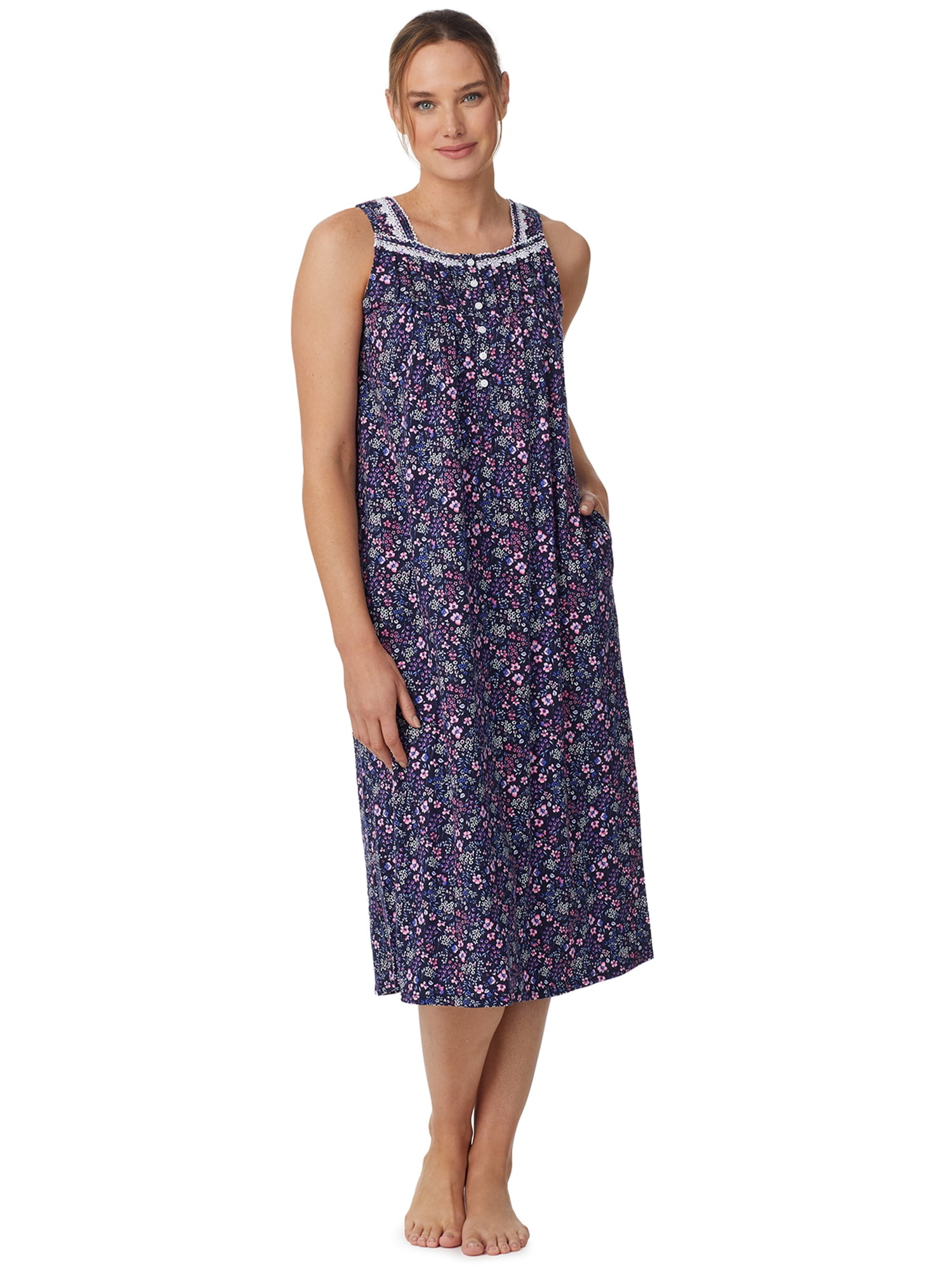 Aria Women's Sleeveless Long 100% Cotton Nightgown in 46", Sizes XS to 5X