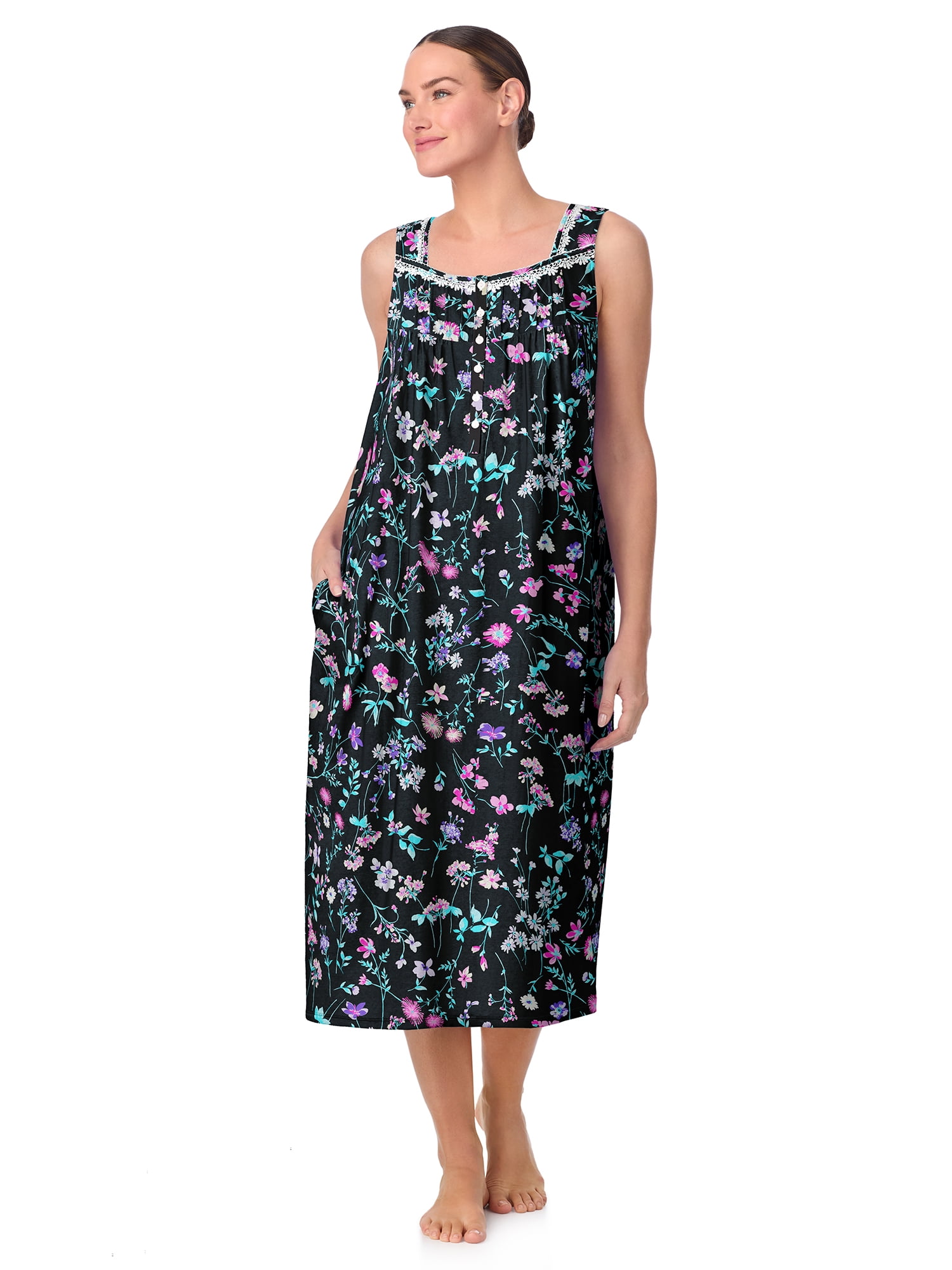 Women's Sleeveless Long 100% Cotton Nightgown in 46", Sizes XS to 5X