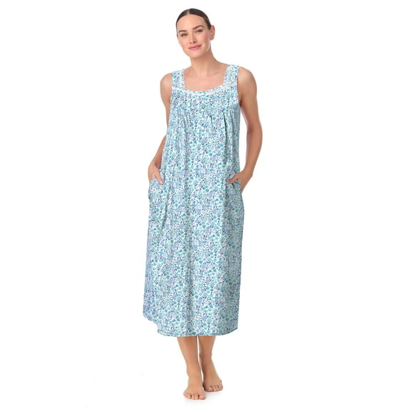 Aria Women's Sleeveless Long 100% Cotton Nightgown in 46", Sizes XS to 5X