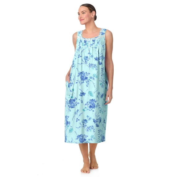 Aria Women's Sleeveless Long 100% Cotton Nightgown in 46", Sizes XS to 5X