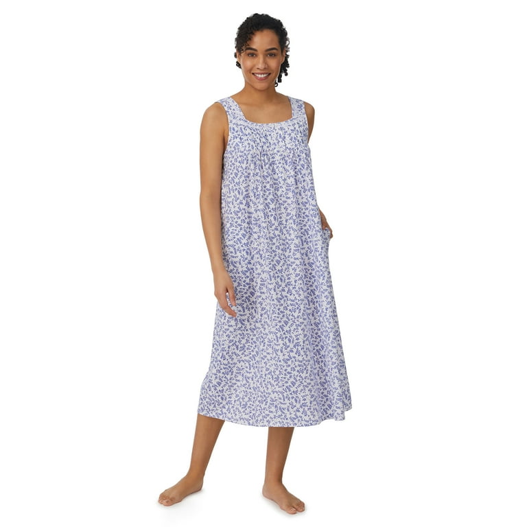Aria Women's Sleeveless Cotton Nightgown with Lace Pockets, Sizes