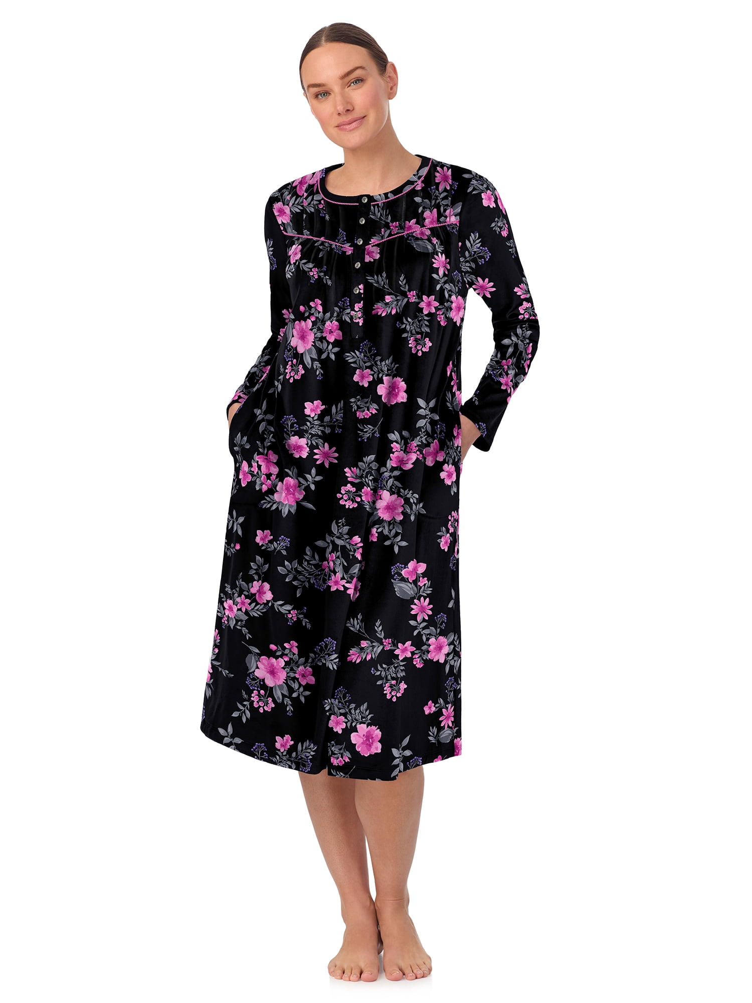 Aria Women’s Long Sleeve Strech Velour 44" Sleepwear Gown with Braided Trim, Sizes XS-5X