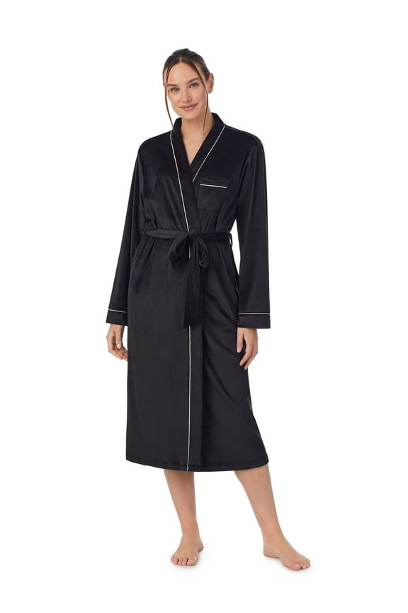 Women's Stretch Velour Long Sleeve Wrap Sleepwear Robe with Pockets, Sizes XS-5X