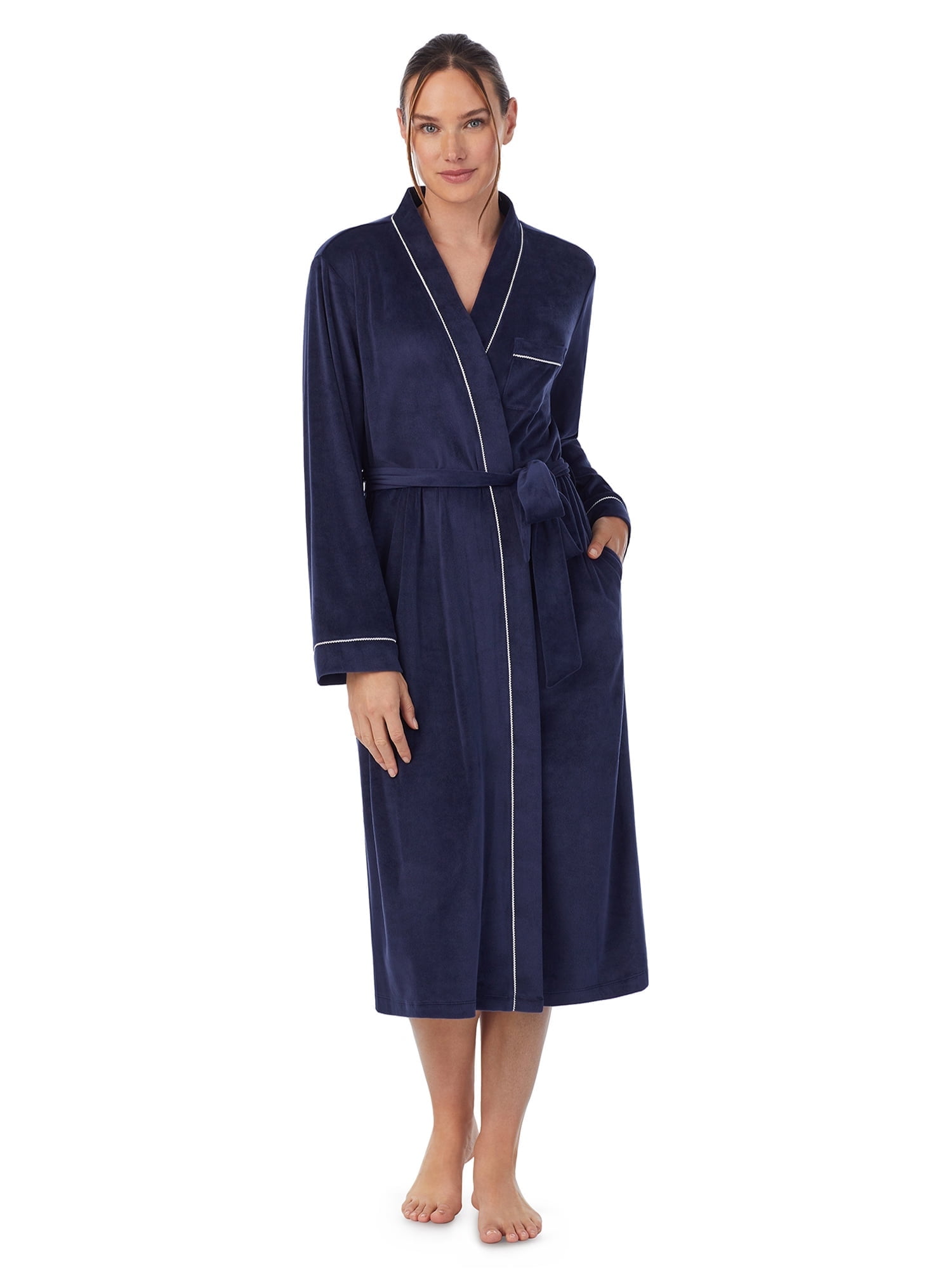 Aria Women's Stretch Velour Long Sleeve Wrap Sleepwear Robe with Pockets, Sizes XS-5X
