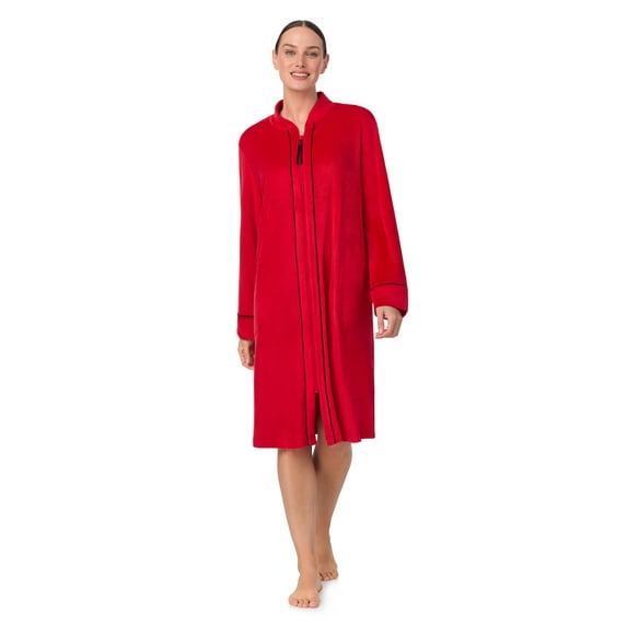 Aria Women's Stretch Velour Long Sleeve Zip Front Sleepwear Robe with Pockets, Sizes XS-5X