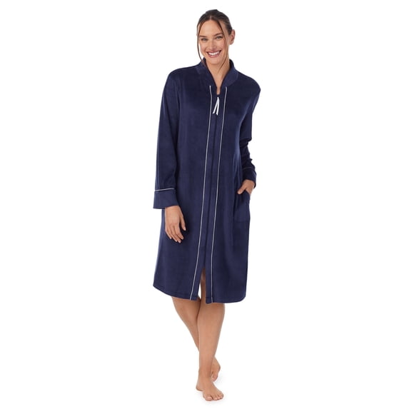 Aria Women's Stretch Velour Long Sleeve Zip Front Sleepwear Robe with Pockets, Sizes XS-5X
