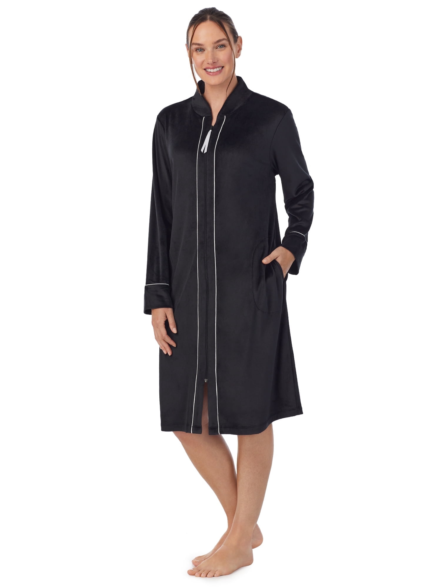 Aria Women's Stretch Velour Long Sleeve Zip Front Sleepwear Robe with Pockets, Sizes XS-5X