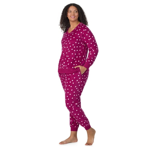 Aria Women’s Velour V-Neck Long Sleeve Top and Jogger Pajama Set, Sizes XS-4X