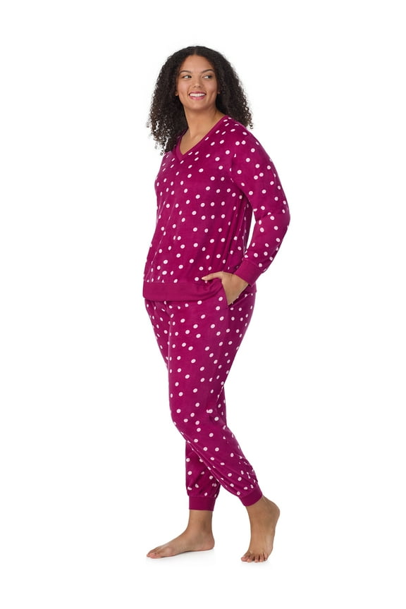 Women’s Velour V-Neck Long Sleeve Top and Jogger Pajama Set, Sizes XS-4X