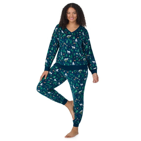 Aria Women’s Velour V-Neck Long Sleeve Top and Jogger Pajama Set, Sizes XS-4X