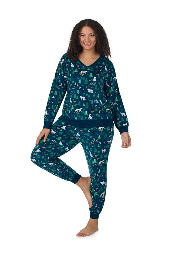 Women’s Velour V-Neck Long Sleeve Top and Jogger Pajama Set, Sizes XS-4X
