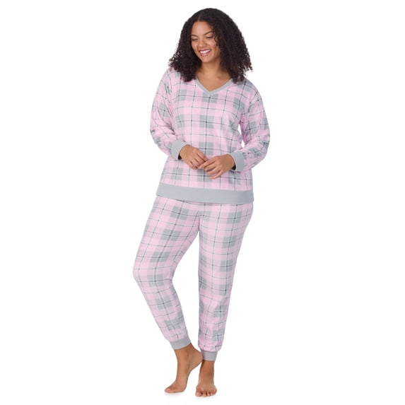 Aria Women’s Velour V-Neck Long Sleeve Top and Jogger Pajama Set, Sizes XS-4X