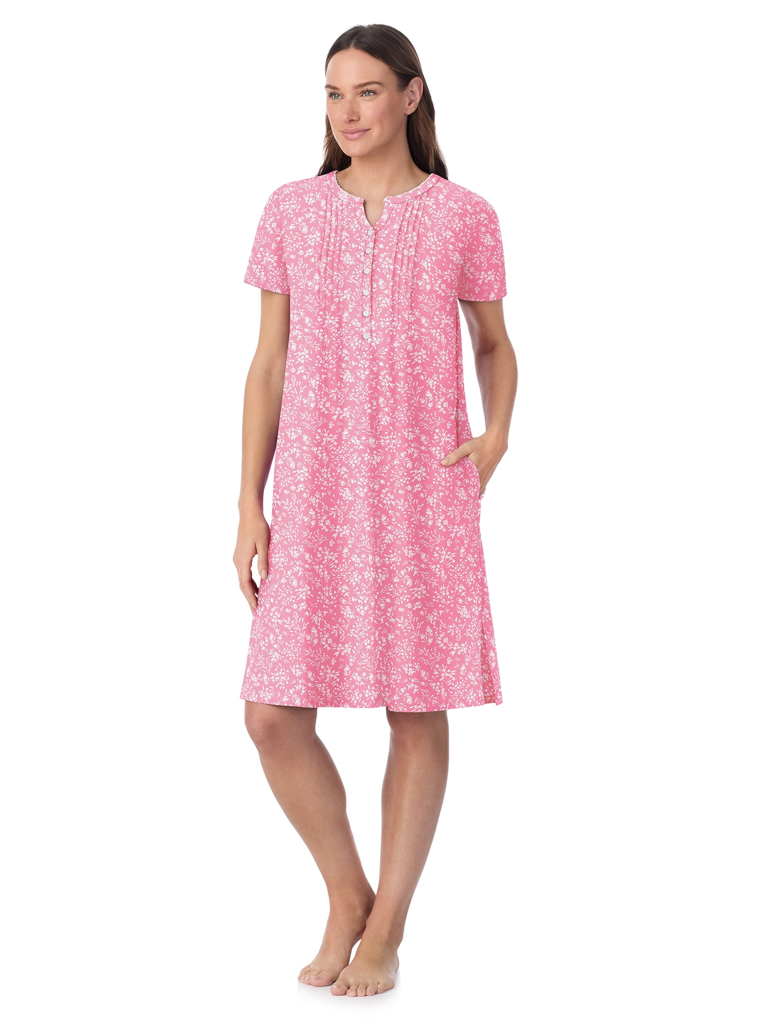 Aria Women’s Short Sleeve Split Neck Henley Nightgown 40”, Sizes XS to 5X