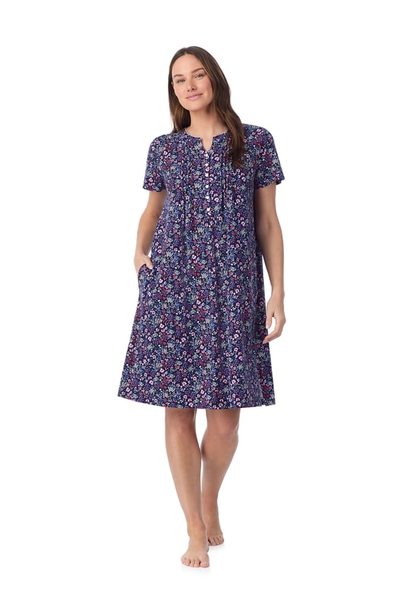 Women’s Short Sleeve Split Neck Henley Cotton Nightgown 40”, Sizes XS to 5X