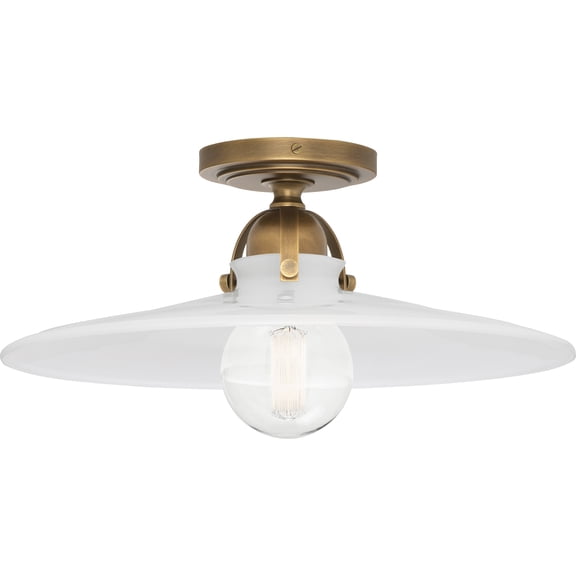 Arial Collection Warm Brass Flushmount Light Fixture with White Glass Shade - Industrial Style Ceiling Lighting for Dry/Damp Locations