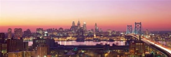 Arial View Of The City At Twilight Philadelphia Pennsylvania USA Canvas Art - Panoramic Images (36 x 12)