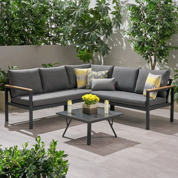 Arian Outdoor Aluminum V-Shaped Sofa Set with Faux Wood Accents, Gray, Natural