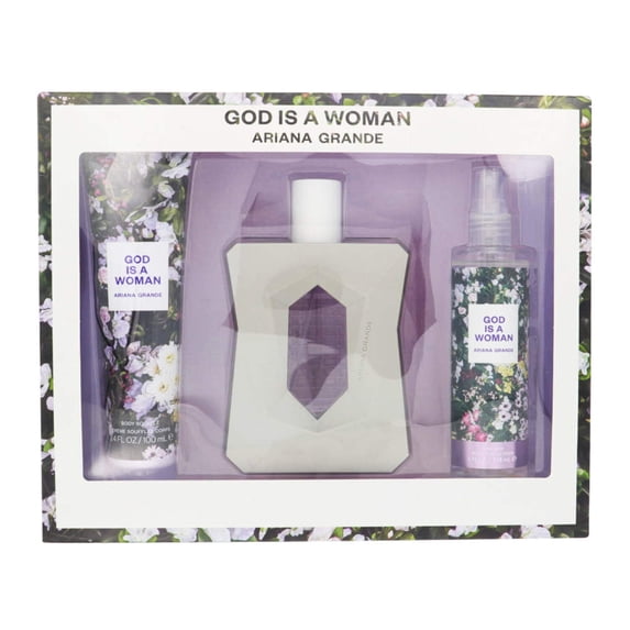 Ariana Grande God Is A Woman , 3 Pc Gift Set 3.4oz EDP Spray, 4oz Body Mist, 3.4oz Body Souffle