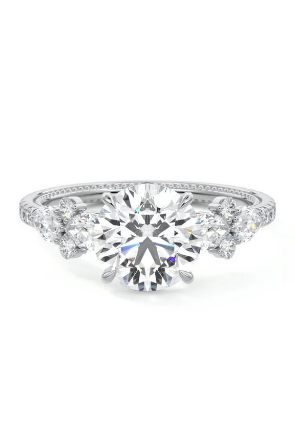 1.6 Ct Round Brilliant Cut Diamond Ring - 14k White Gold Plated Wedding Anniversary Ring - Milgrain Engagement Cluster Ring for Her - 4 Prong Set Ring for Mom/Sister/Wife