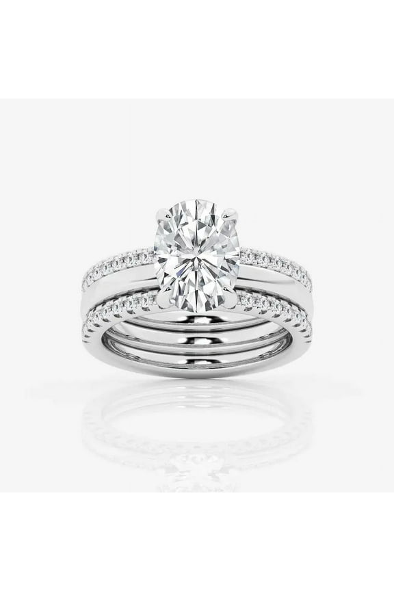 14K White Gold Plated Rings - 1.8 Ct Oval Cut Lab Created Diamond Rings - Engagement Wedding Prong Setting Rings for Women's - Trio Set Rings for Her - Diamond Rings for Her