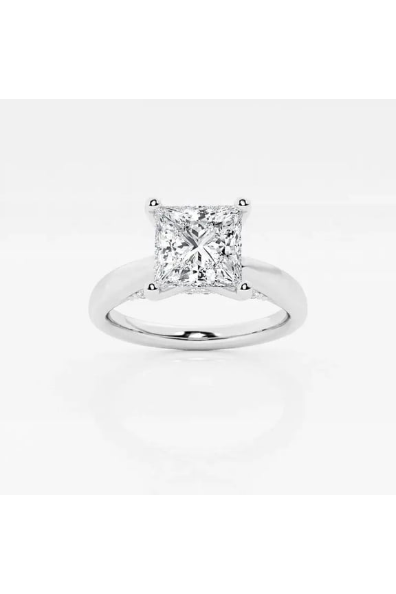 2 Ct Princess Cut Diamond Engagement Ring - Lab Created - 14K White Gold Plated Solitaire with Accents Ring - Tapered Shank Ring - Perfect Women's Jewelry for Daily Wear and Gifts