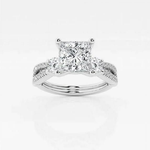 Ariana Jewel Beautiful 2 Ct Princess Cut Lab Created Diamond Ring - Three Stone Engagement Design - 14K White Gold Plated Split Shank Ring - Ideal for Women’s Bridal Jewelry and Special Occasions