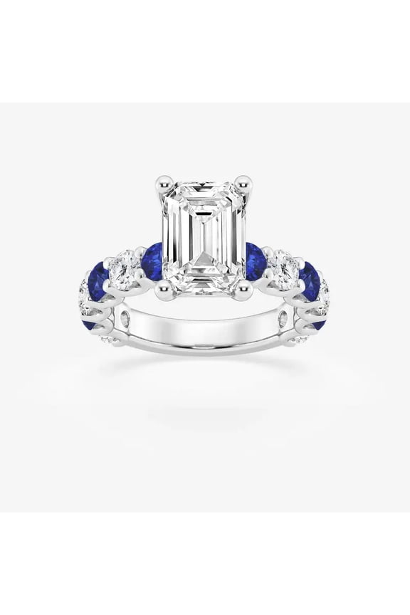 Gorgeous 2 Ct Emerald Cut Lab-Created Simulated Diamond Engagement Ring - Blue Sapphire Accents in Prong Setting - 14K White Gold Plated - Ideal Gift for Special Occasions for Women