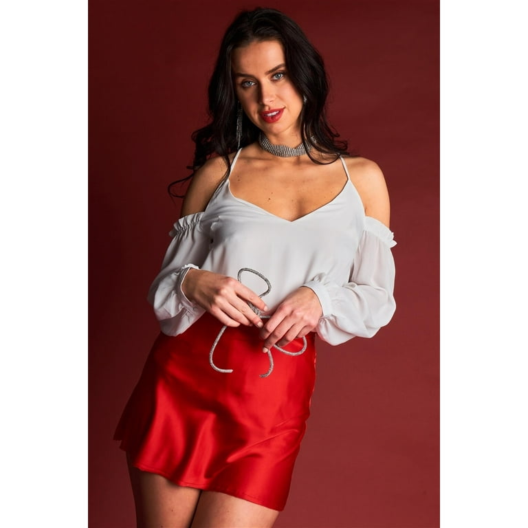 Ariana White Relaxed Fit V neck Off the shoulder Long Sleeve Ruffle Hem Razor Back Top L