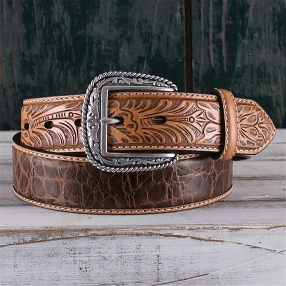 Ariat Men's Brown Crocodile Floral Tabs Leather Belt A1022008