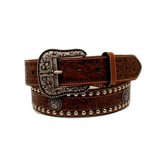 Ariat A1024802-42 1.5 in. Mens Floral Overlay Tooled Concho Western Belt Brown, Size - 42