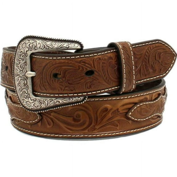 Ariat A1037302-36 0.25 in. A.1 Floral Round Conchos Cross Tooled Western Belt for Men, Brown - Size 36