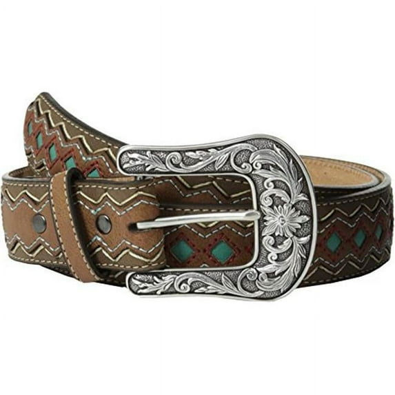Ariat Womens Brown Zip Zag Turquoise Diamond Belt X-Large, Brown/Turquoise/Red