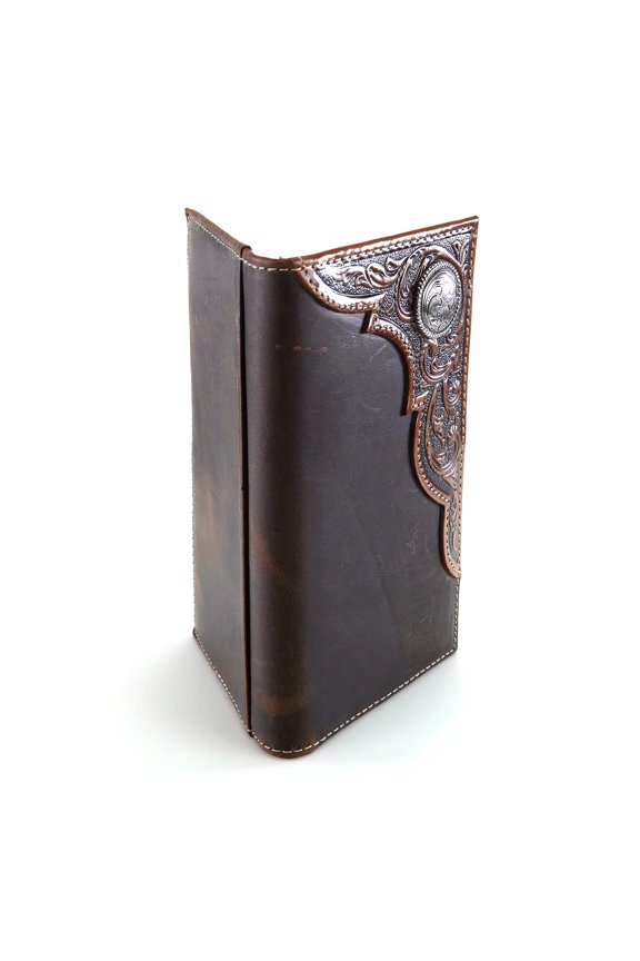 Men's Rodeo Wallet, Hand Tooled Leather Corner, Antiqued Silver Concho, Tan A101