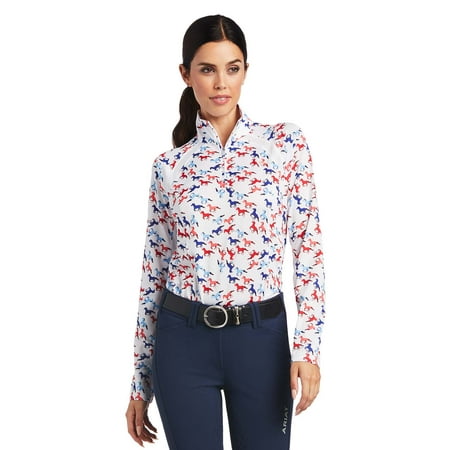 Ariat Sunstopper 2.0 1/4 Zip Baselayer, Womens, White Gallop Print, Large