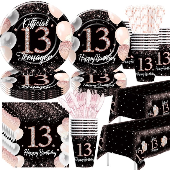Aribra 13th Birthday Decorations Tableware Girl, Black and Rose Gold Happy Officially Theme 13 Teenager Birthday Party Supplies, Paper Plate and Napkin Set, Cup, Cutlery, Tablecloth, Serves 24 Y114