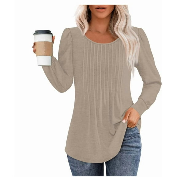 Aricy Basic Long Sleeve Tops for Women Casual Crewneck Loose Fall Tops Long Sleeve Sweatshirts Pleated Shirts Womens Clothes Business Work Blouses Lightweight Fall Tunic Tops