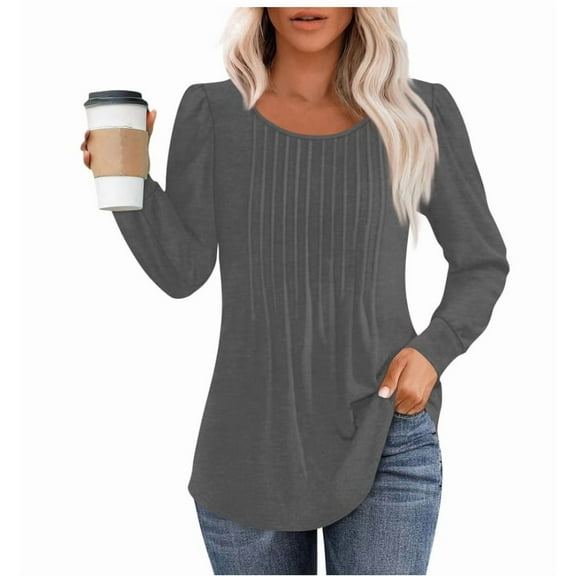 Aricy Basic Long Sleeve Tops for Women Casual Crewneck Loose Fall Tops Long Sleeve Sweatshirts Pleated Shirts Womens Clothes Business Work Blouses Lightweight Fall Tunic Tops