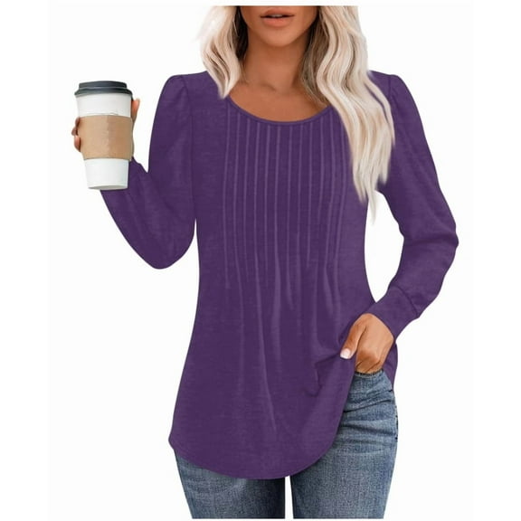 Aricy Basic Long Sleeve Tops for Women Casual Crewneck Loose Fall Tops Long Sleeve Sweatshirts Pleated Shirts Womens Clothes Business Work Blouses Lightweight Fall Tunic Tops