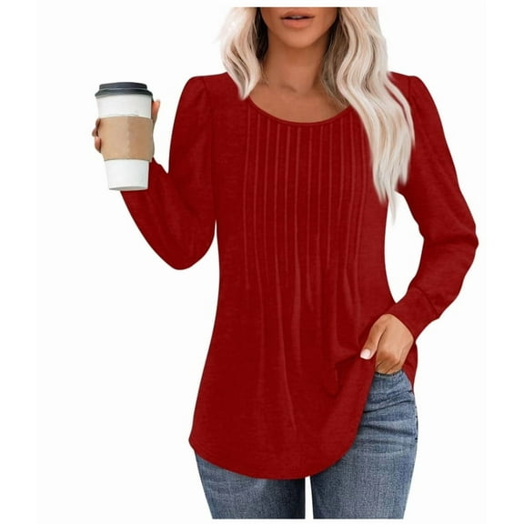 Aricy Basic Long Sleeve Tops for Women Casual Crewneck Loose Fall Tops Long Sleeve Sweatshirts Pleated Shirts Womens Clothes Business Work Blouses Lightweight Fall Tunic Tops