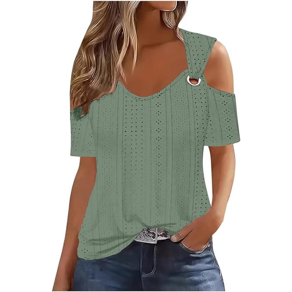 Aricy Cold Shoulder Tops for Women Casual Eyelet Tops Trendy Solid Basic Womens Tops Blouses Workout Vacation Tunic Blouses Short Sleeve Cotton Tshirts
