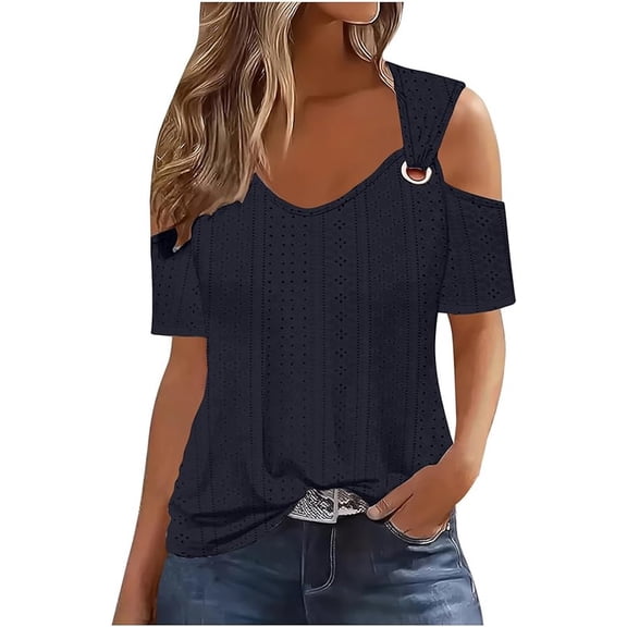 Aricy Cold Shoulder Tops for Women Casual Eyelet Tops Trendy Solid Basic Womens Tops Blouses Workout Vacation Tunic Blouses Short Sleeve Cotton Tshirts