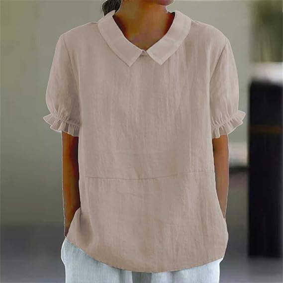 Aricy Cotton Linen Shirts For women Summer Short Sleeve T-Shirt Ladies Plain Casual Shirts Trendy Blouse Tee Square Neck Tunic Clothes