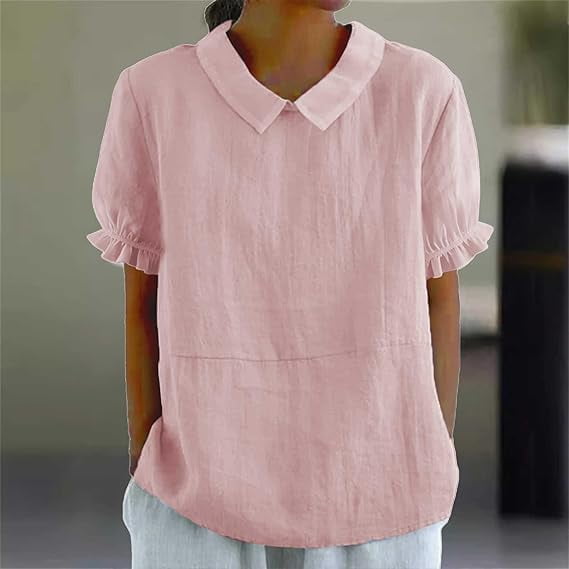 Aricy Cotton Linen Shirts For women Summer Short Sleeve T-Shirt Ladies Plain Casual Shirts Trendy Blouse Tee Square Neck Tunic Clothes