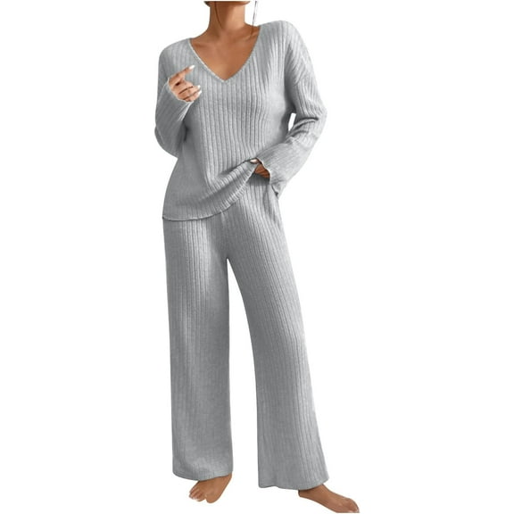 Aricy Fall Oufits Womens Pajamas Sets Casual Long Sleeve Shirts Pants Two Piece Lounge Sets Ribbed Knit Pajama Sets With Pockets Loungewear Vacation Travel Outfits