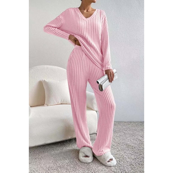 Aricy Fall Oufits Womens Pajamas Sets Casual Long Sleeve Shirts Pants Two Piece Lounge Sets Ribbed Knit Pajama Sets With Pockets Loungewear Vacation Travel Outfits