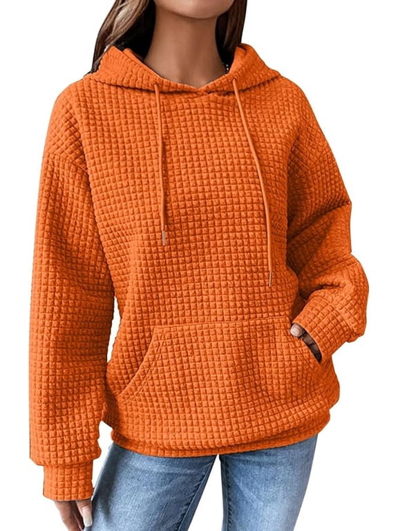 Hoodies for Women Hooded Hoodies Casual Long Sleeve Drawstring Waffle Knit Pullover Tops Loose Hooded Loose Casual Textured Sweatshirts with Pocket