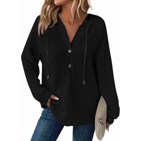 Aricy Hoodies for Women Oversized Waffle Knit Long Sleeve Button Down Shirt Sweatshirts V Neck Crochet Fall Tunic Pullover Sweaters Tops Drawstring