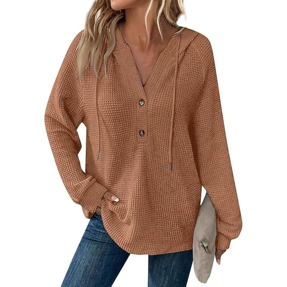 Aricy Hoodies for Women Oversized Waffle Knit Long Sleeve Button Down Shirt Sweatshirts V Neck Crochet Fall Tunic Pullover Sweaters Tops Drawstring