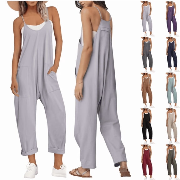 Aricy Jumpsuits for Women dressy elegant Casual Oversize Fashion Solid Color Cold Shoulder Jumpsuit Solid Suspender Jumpsuits Wide Pocket Leg Pant