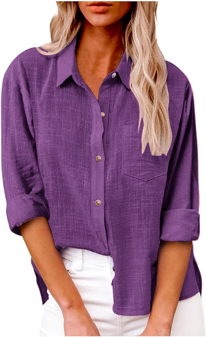 Aricy Linen Button Down Shirt for Women Summer Cotton Long Sleeve ...